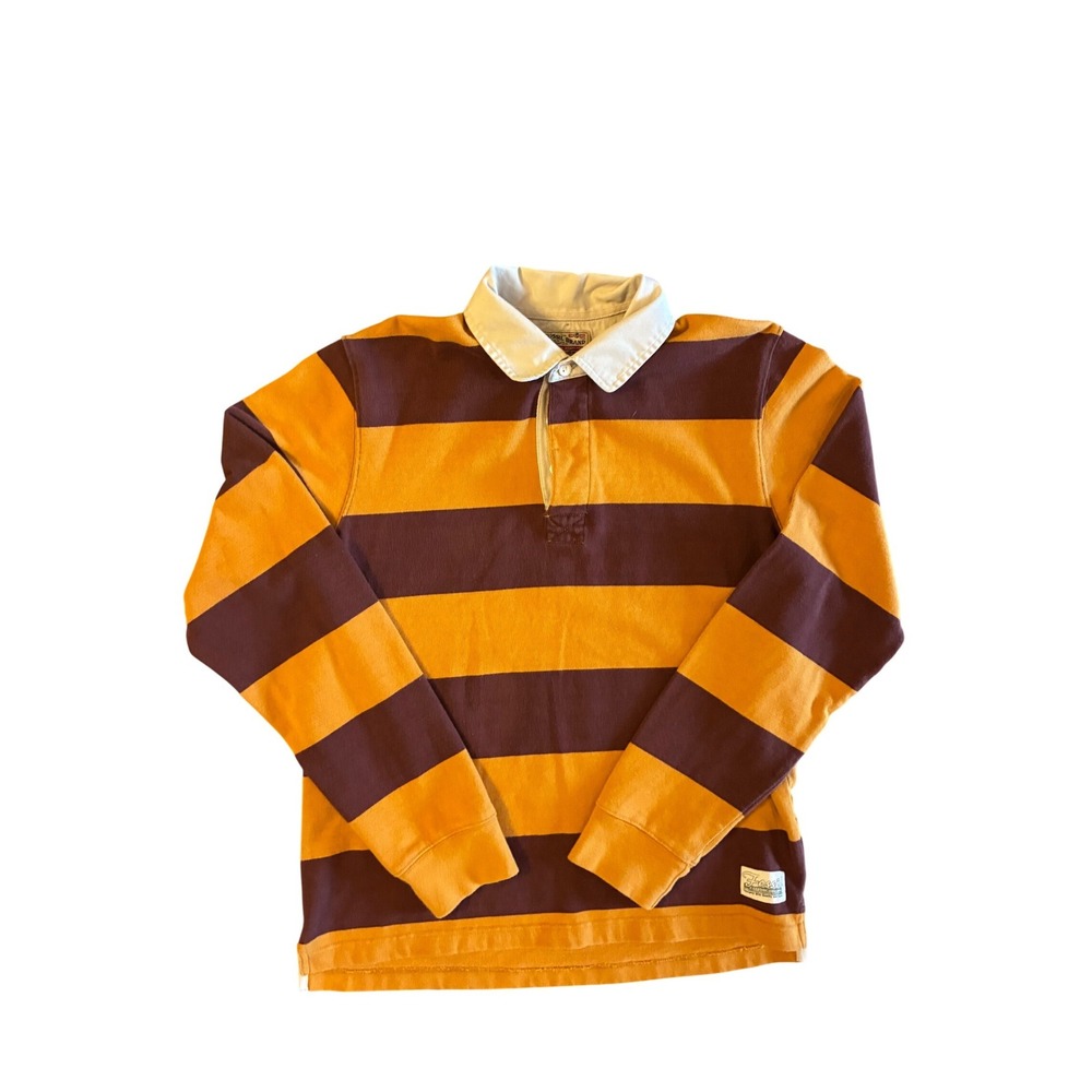 Vintage Fossil Brand Mens Rugby Shirt Striped Yellow Burgundy Y2K Cotton M